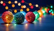 Christmas light garland. Wicker balls. Multicolored. With blurred blue background