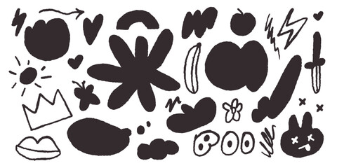 Set of hand drawn wax crayon, brush stroke black shapes and doodle objects in primitive child style. Abstract contemporary modern trendy vector illustration in tattoo style with playful elements.