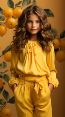 Model in childrena??s fashion showcasing vibrant colors against a lemon-yellow background.