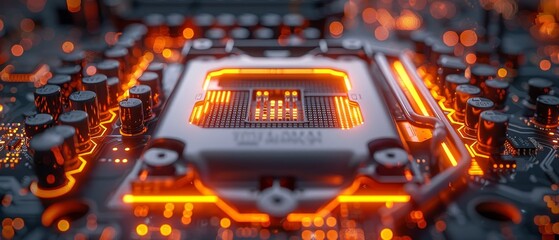 Leinwandbilder - Conceptualized upgrade, repair of desktop computers. Glowing computer parts inside motherboard inside case of system box with glowing computers parts. 3D rendering of the concept.