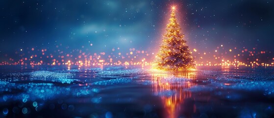 Fototapete - In 2023, the digits consist of glowing pixels on a blue background. A digital tech calendar poster or New Year's card with a logo hanging over polished reflection.