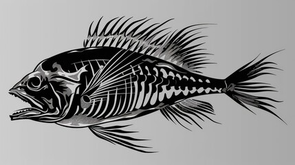 Drawing of a fish skeleton on a gray background. Fish skeleton. Fish bones