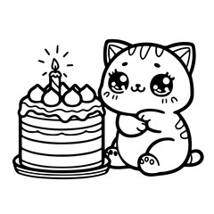  Baby cat, kitten with a cake. Cloring page for children
