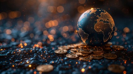 Poster - The abstract earth on the pile of coins. Concept of global business. Low poly style design. Blue geometric background. Light wireframe structure. Modern 3D graphics. Modern illustration.