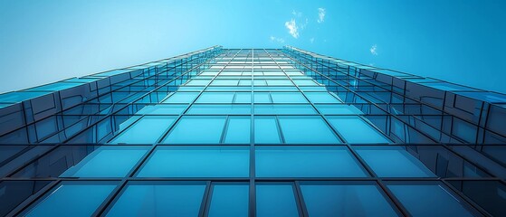 Fototapete - highrise curve glass building and dark steel window system set against a blue clear sky background, Business concept of future architecture, look up to the corner building angle...