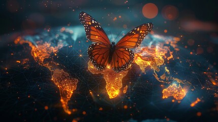 Aufkleber - On a background world map, a butterfly in a digital futuristic style represents a successful startup, investment, or business transformation.