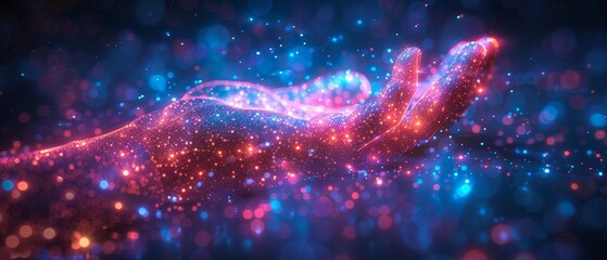 Fototapete - Hand holding a phone. Abstract low-poly  technology illustration. Starry sky and cosmos style in blue. Screen of a device and palm of the hand. Digital concept of gadgets and devices.