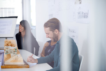 Canvas Print - Architecture, collaboration and model with business people meeting in boardroom of office for construction. Building, creative or design with man and woman architect team in workplace for planning