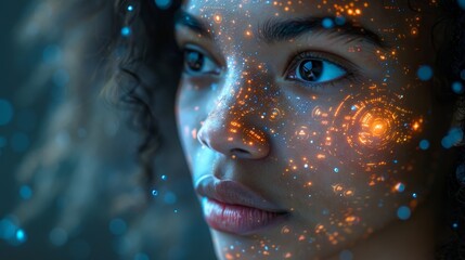 Aufkleber - A young black woman operates holographic screens while interacting with a global communication network concept. Wide angle banners or advertisements.