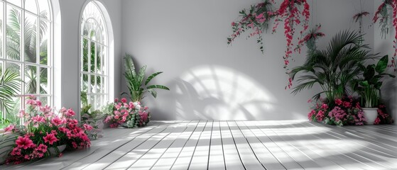 Aufkleber - Background with blurred background. White studio background with shadows on windows and flowers. Summer concert. 3d environment with copy space.