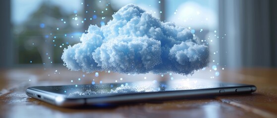Leinwandbilder - Smart phone icon with 3D cloud overscreen. Cloud computing background concept. Data uploaded to internet online storage. Cell phone syncs with online cloud storage.