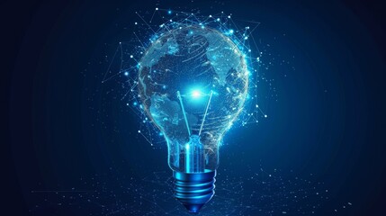 Aufkleber - An abstract blue light bulb with a planet Earth inside. Earth hour ecology concept. Geometric background. Wireframe light connection. Modern 3D graphic.  image.