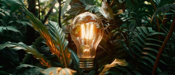 Poster - Organization sustainable development environmental and business responsible environmental, Ecology, Renewable energy, Hand holding light bulb against nature on green leaf