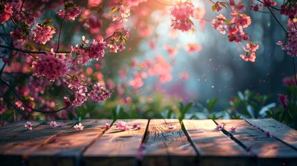 Fototapete - In Sakura flower Park with bokeh background, an empty wooden table with a country outdoor theme, template for displaying products