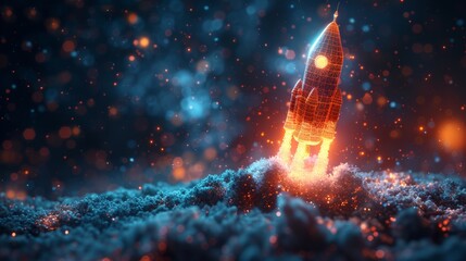 Fototapete - A composite of a rocket launch and a graph growing up. Low poly style design. Business startup concept. Blue geometric background. Wireframe light connection structure Modern 3D graphic Modern