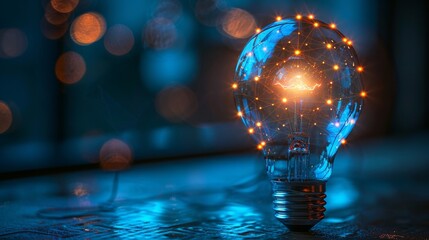 Aufkleber - Modern 3D graphic. Low poly style design. Geometric background. Wireframe light connection structure. Abstract blue glowing light bulb. Modern illustration.