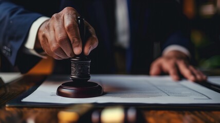 Close-up of a hand stamping a seal on a document, signifying authority and approval