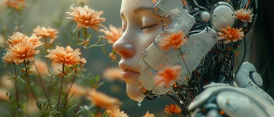 Leinwandbilder - A humanoid robot with artificial brain learning the world. Artificial brain in cyborg head. Humanoid robot with electronic brain. Cyborg woman with anthropomorphic head. Woman anthropomorphic robot.