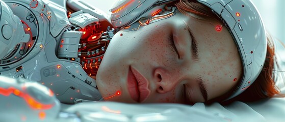 Leinwandbilder - Cyberspace woman curls up and sleeps. Humanoid anthropomorphic female robot with connection cables and data signals. AI concept illustration. Artificial intelligence.