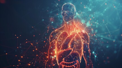 Poster - This is the cardiovascular system.  isolated heart with pain center. Low poly wireframe. 3D polygonal human body with organs on a dark background. Medicine concept.