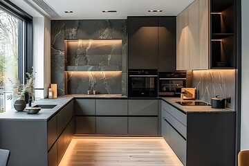 Empty wooden tabletop in a kitchen with grey furniture. Countertop with various jars and tableware in an apartment with minimalist bright interior.