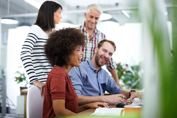 Canvas Print - Happy people, creative business and meeting with team for collaboration, planning or project at office. Group of employees with smile for productivity, startup or funny discussion at the workplace