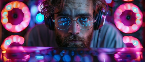 Poster - Scripting program on computer. Photograph of man working over laptop in dark room with neon lights. Guy with headset, glasses looks at code on screen. Hacker.