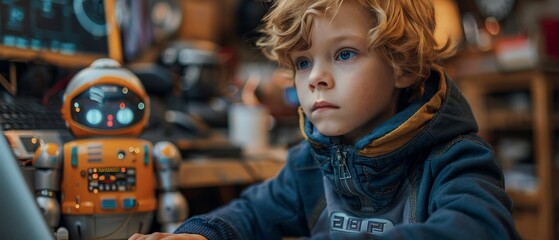 Fototapete - Learning, engineering, science study of children through computer programming of robots for school. Children are taught coding on laptops, programming electronic constructors.
