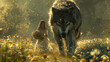 A woman is walking in a field with a large wolf behind her