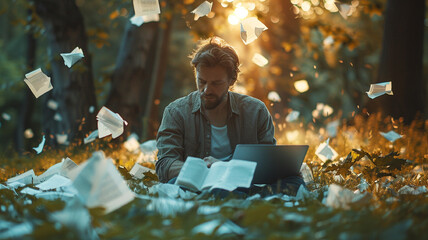 Wall Mural - a man works with a laptop in the middle of the forest. distant work. remote worker, freelancer