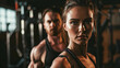 Man and Woman on a gym portrait. fitness muscle body working out.