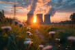 Nuclear power station with steaming cooling towers and canola field