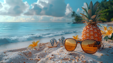 pineapples in stylish sunglasses . Tropical summer vacation concept. family holiday. Happy sunny day on the beach of tropical island
