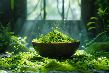 Organic matcha green tea in a bowl or on a wooden spoon, green powder
