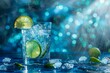 Refreshing gin and tonic with lime slice and ice on blue background