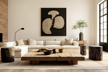 Wall Mural - Japandi interior design of modern living room, home.