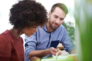 Wall Mural - Man, woman and teamwork for creative design in studio or project collaboration or paperwork, startup or small business. People, colleagues and partnership at agency or review, pattern or color theory