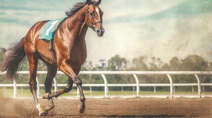 racing horse coming first to finish line in vintage style generative ai