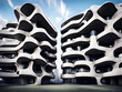 large concrete retro futuristic brutalist apartment building with curved organic design