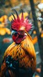 A close-up view of a rooster standing near a tree in a rural setting.
