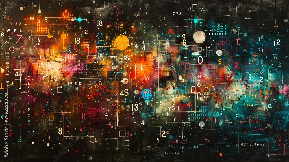 An abstract art piece where numbers and mathematical symbols form a ...
