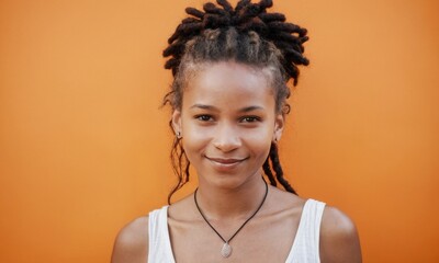 Wall Mural - An african american woman with dreadlocks is smiling. Orange background.