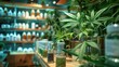 A variety of cannabis products with distinctive cannabis leaf branding on display at a modern dispensary shelf, pharmacy with a availability of medical marijuana
