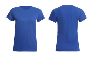 Sticker - Blue t-shirt with space for design isolated on white. Back and front views