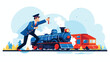 A toy train conductor punching tickets and announcing