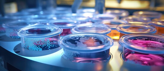 Wall Mural - a row of test tubes filled with various colored liquids, including electric blue and purple, creatin