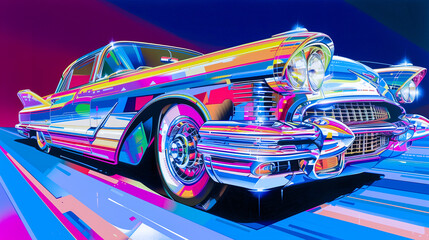  Classic car with a glossy finish featuring bright neon outlines on a dynamic background