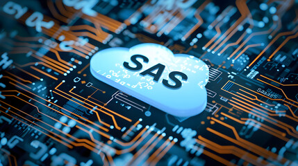 SAS inscription on the background of the computer board 