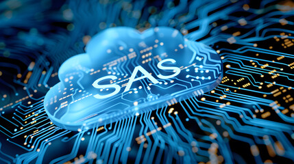 SAS inscription on the background of the computer board 