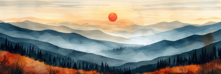 Wall Mural - Drawing landscape mountain on sunset sky abstract background. Generative ai.